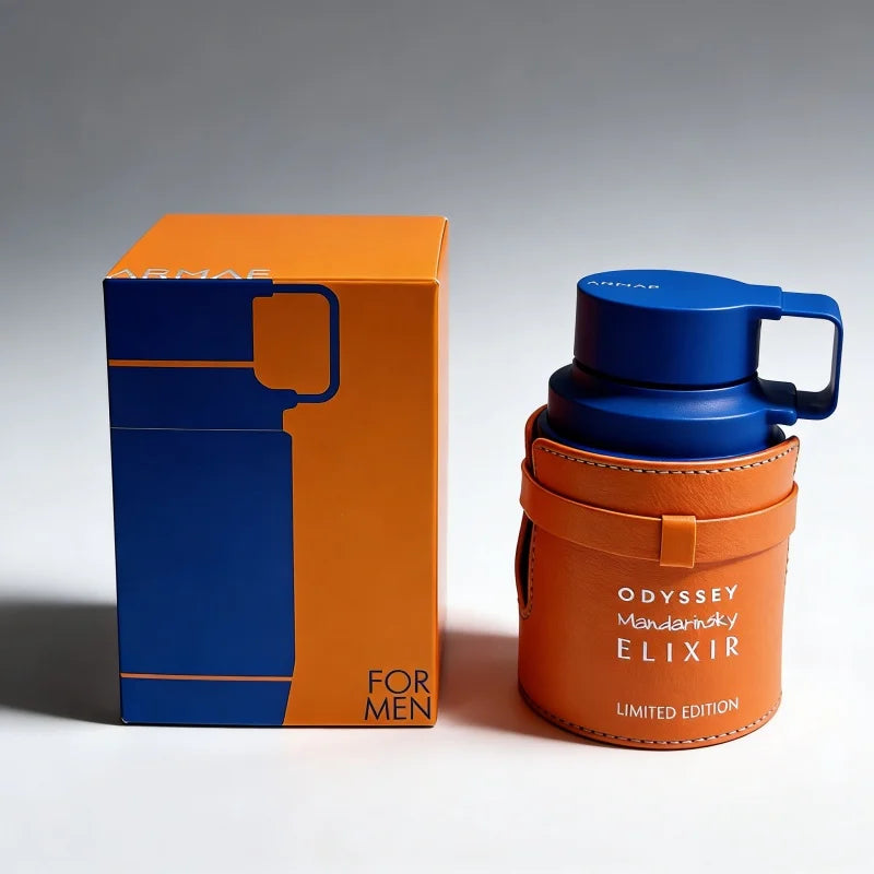 Armaf Odyssey Mandarinsky Elixir EDP: Men’s Arabic perfume, 100ml, leather-wrapped canteen bottle, citrus-floral notes.