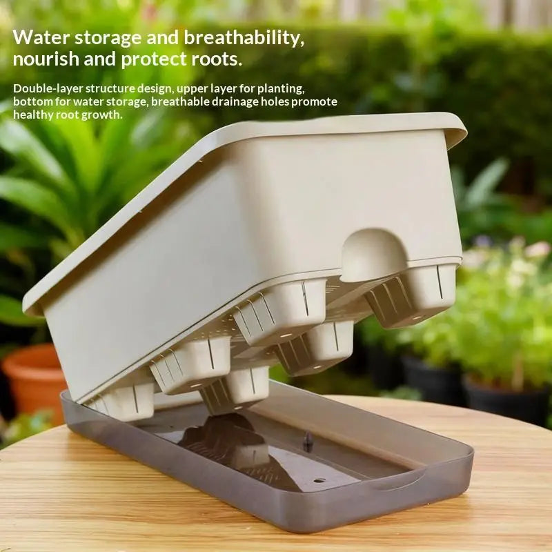 White rectangular self-watering window planter box with open drainage tray