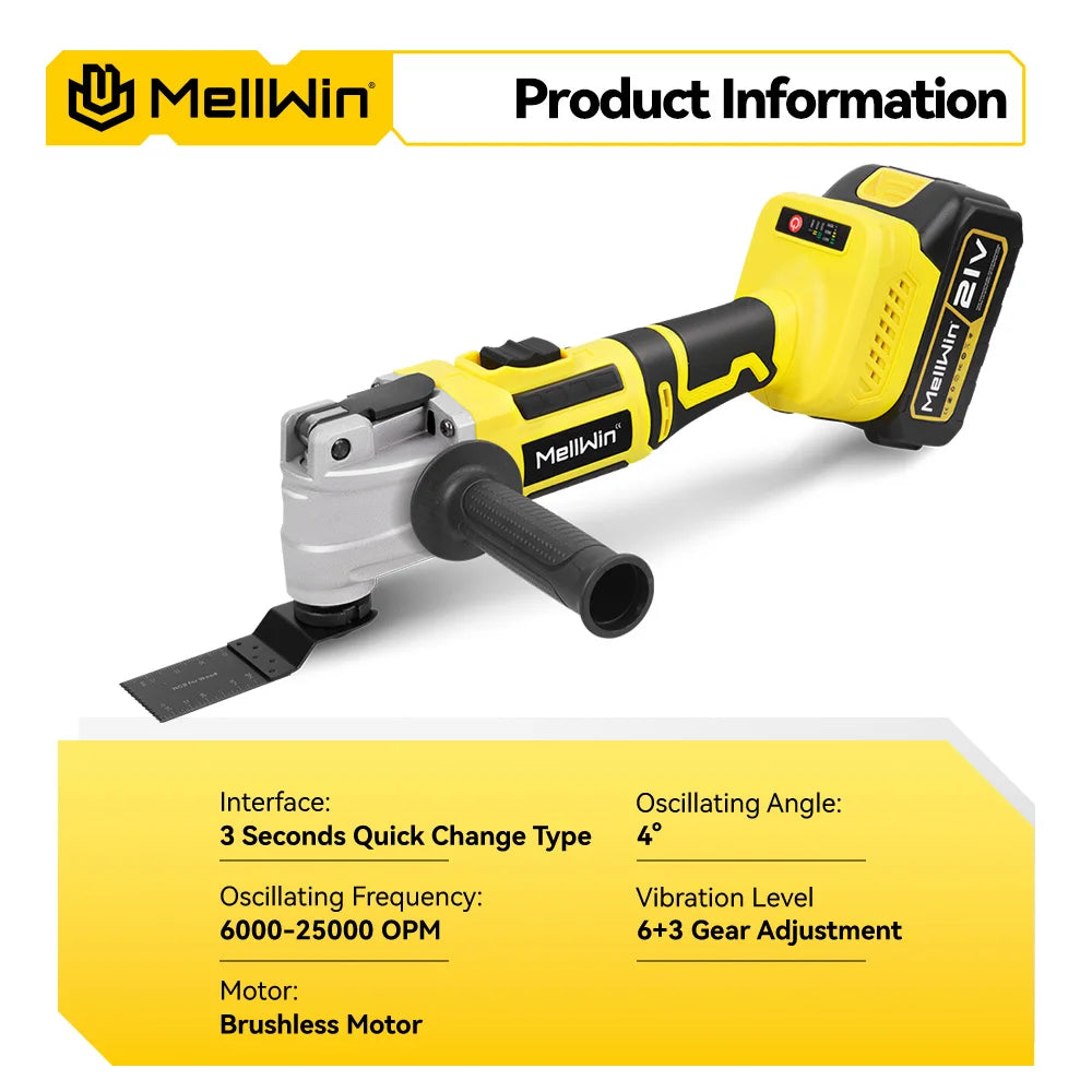 MELLWIN Brushless Oscillating Multi Function Tool Electric Saw Polisher Woodworking Cutting Tool For Makita 18V Battery Pin