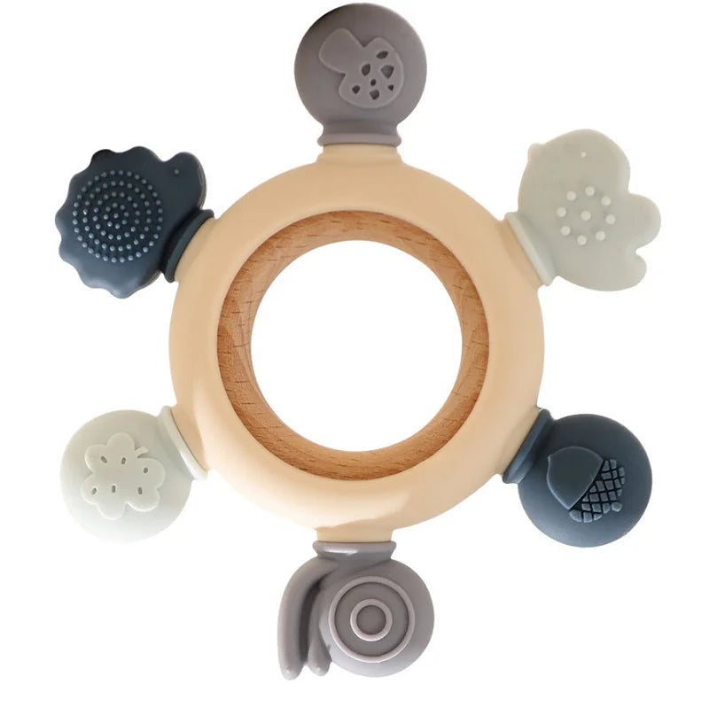 Multicolor silicone and wood baby teething ring toy for infant pain relief.