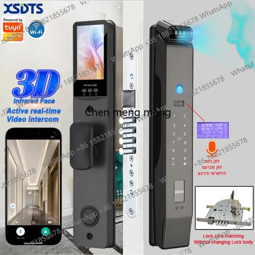 Black smart door lock with keypad, side camera module, and touchscreen display