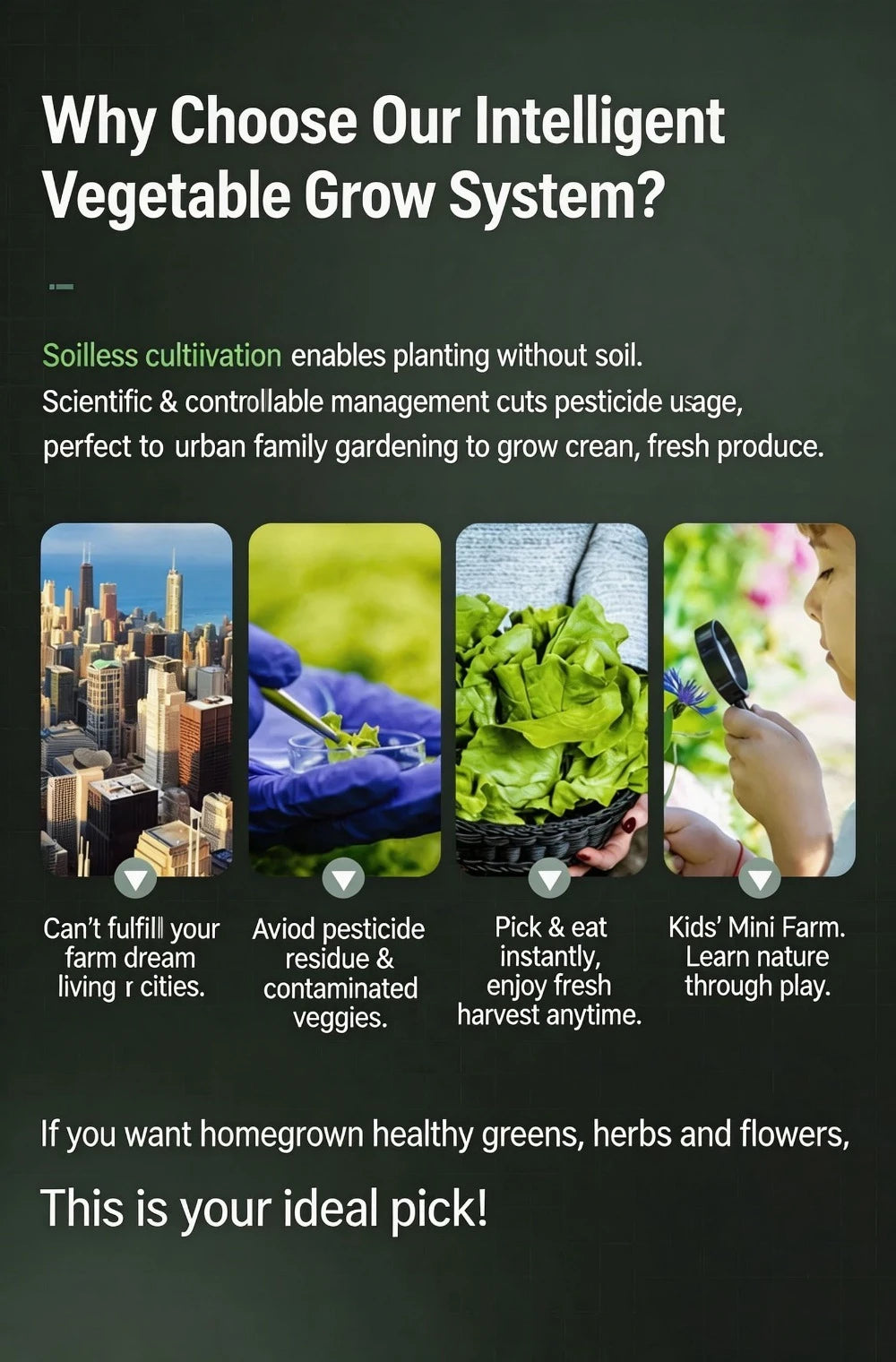 Vertical hydroponic tower benefits infographic with plant and hands illustration