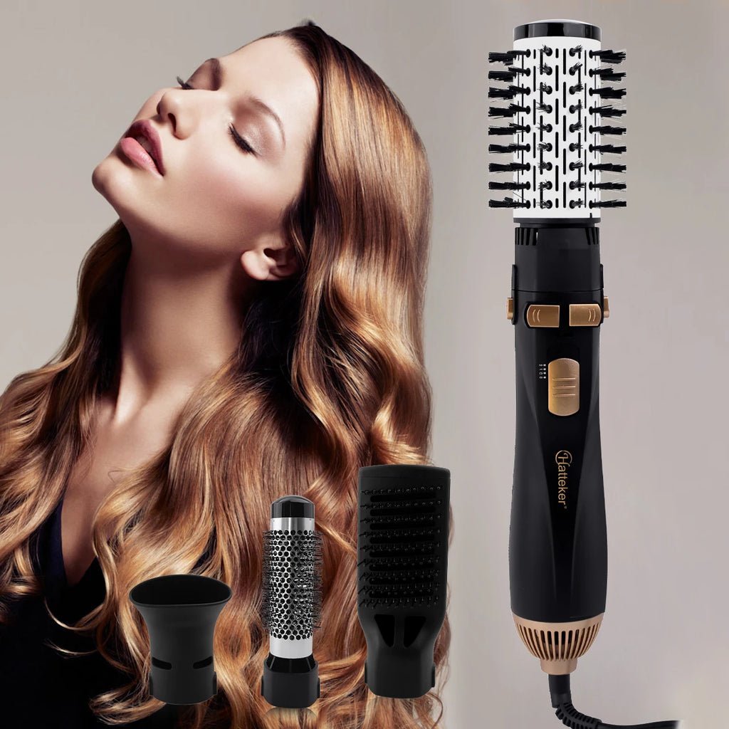 Hatteker 4-in-1 hot air brush set with black and gold styling dryer, attachments, and round brush for salon hair.