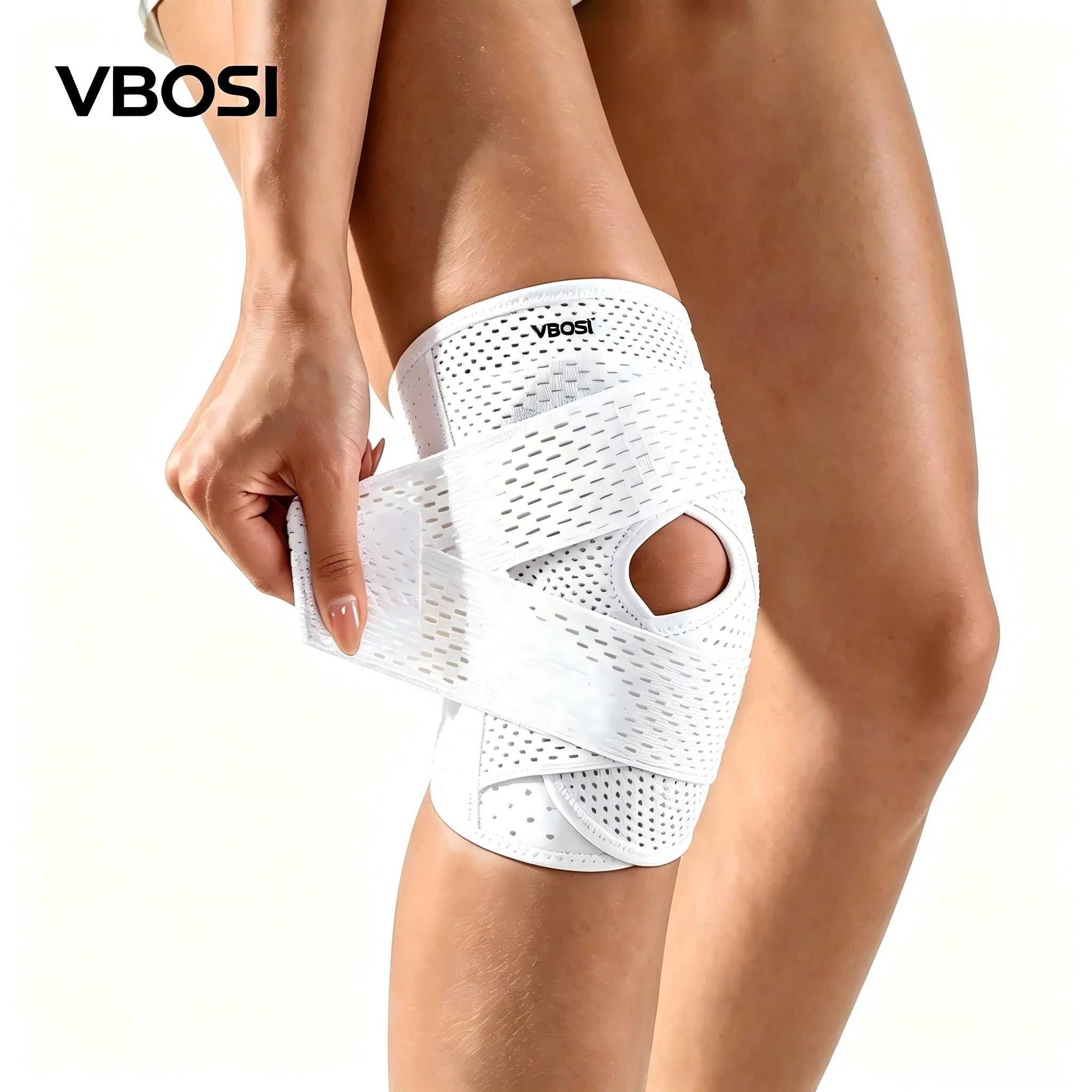 VBOSI Adjustable Breathable Knee Brace with Open Patella Compression Strap Sports Support for Running Gym Knee Pain Relief White