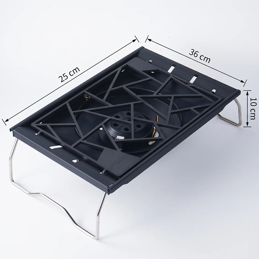 Black portable camping stove with foldable legs, top grate, and size dimensions