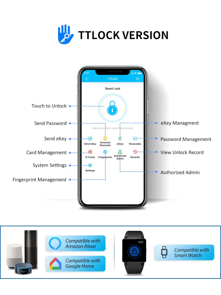 3CM Width Waterproof Aluminum Door Lock Bluetooth Fingerprint Digital Code TTLock Smart Sliding Door Lock 2885 3585 4585 Mortise