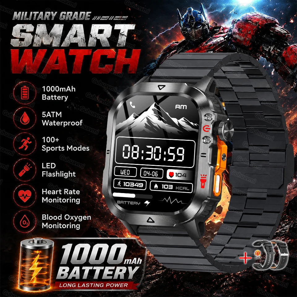 Black rugged smartwatch with band and digital time readout on screen