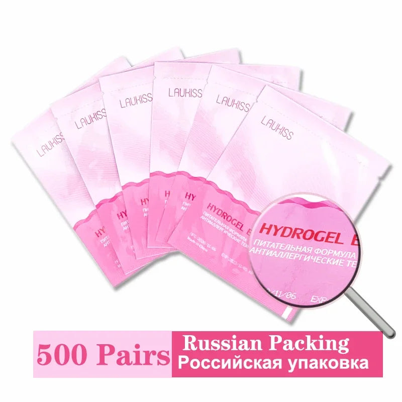 Pink Laukiss hydrogel eyelash patches for graft extensions in individual sachets, bulk set of 500 pairs, professional.