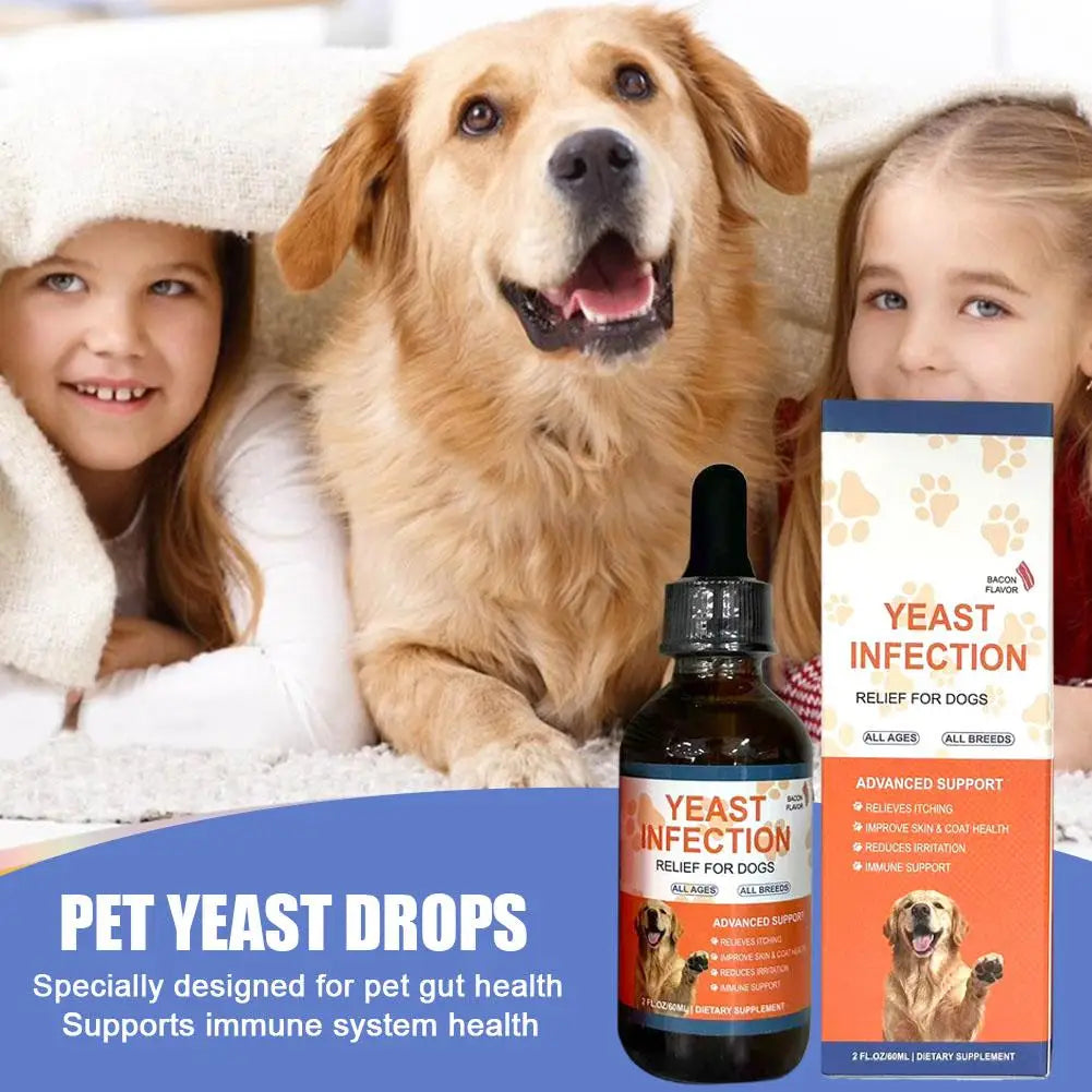 60ml dog yeast infection relief drops for healthy skin and coat, herbal pet supplement in a bottle with dropper.