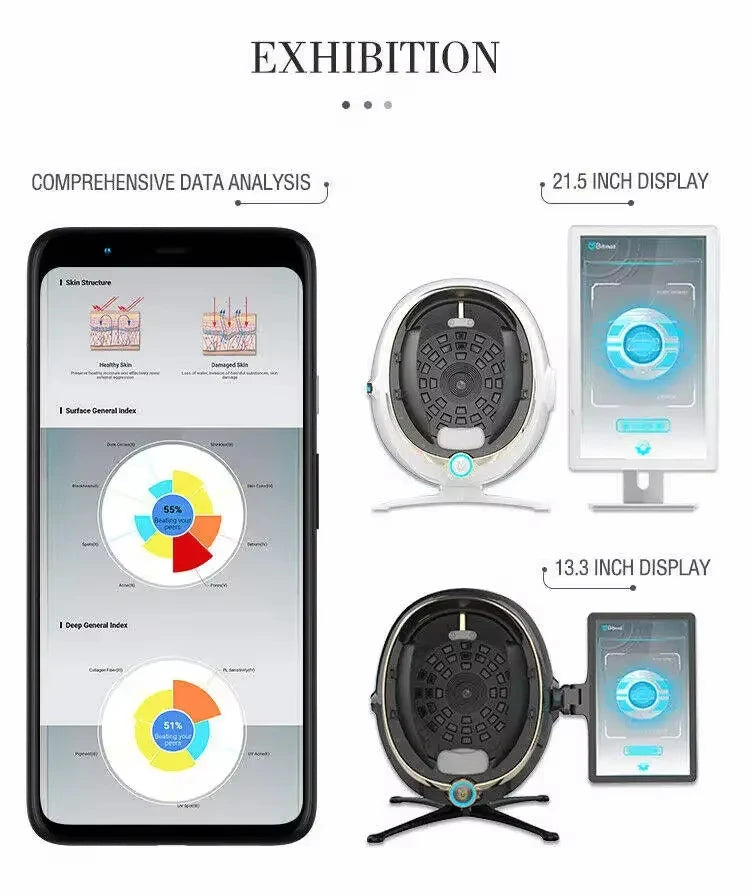 2025 Magic Mirror 3D digital facial skin analyzer with AI data display, 21.5 and 13.3 inch screen health options.