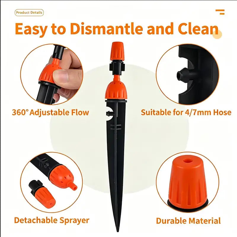 Orange and black irrigation stake nozzle with detachable sprayer and 360° flow
