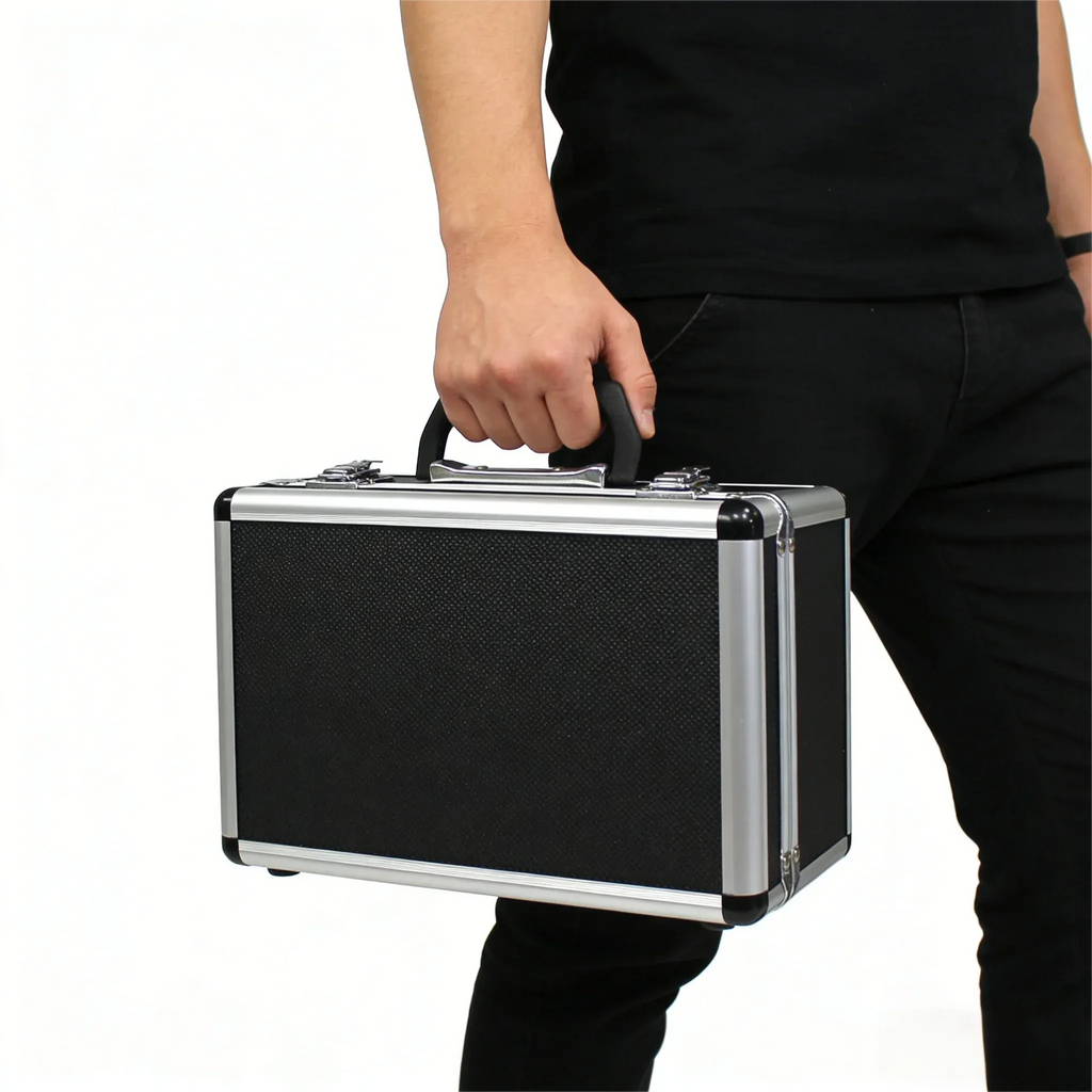 Handheld inkjet printer held beside a black metal suitcase with chrome edges