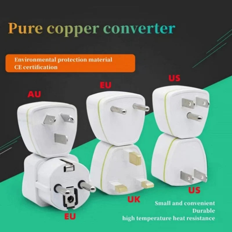 White international plug adapters for 220V hair dryers, featuring AU, EU, UK, and US power converter options.
