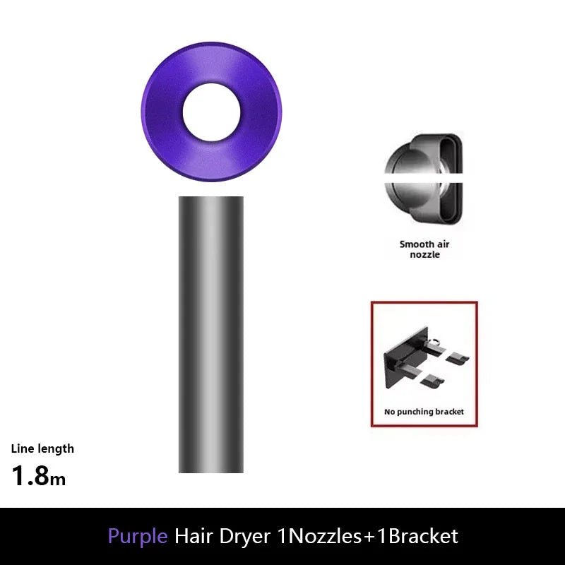 Purple ionic hair dryer with smooth air nozzle and wall bracket for professional blowouts. Lightweight styling tool.