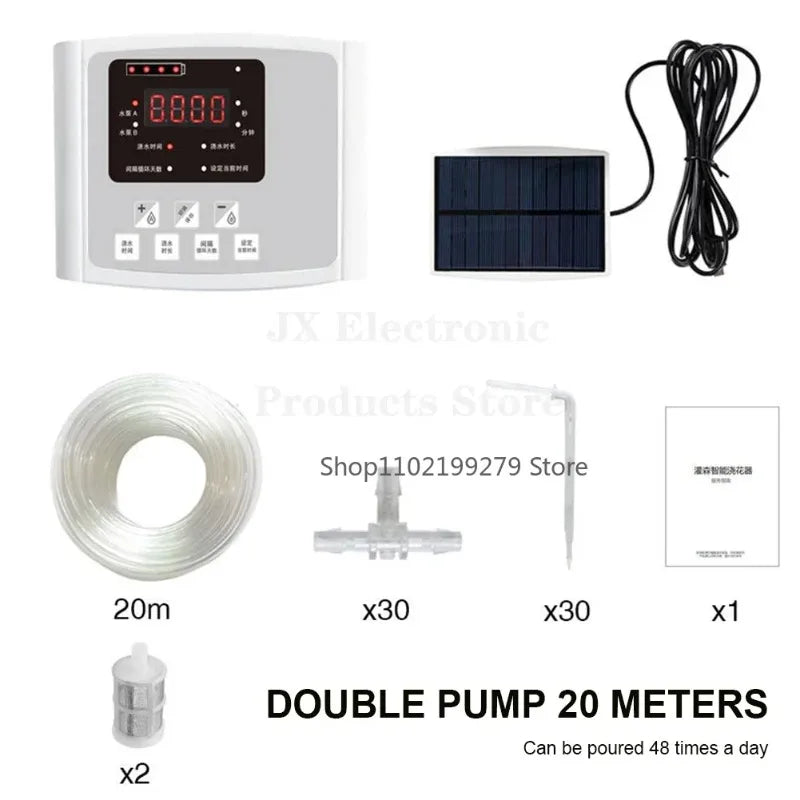 Solar Auto Drip Irrigation Kit Dual Water Pump Smart Watering Controller Outdoor Automatic Irrigation System for Yard Balcony Potted Plants & Home Flower Cultivation