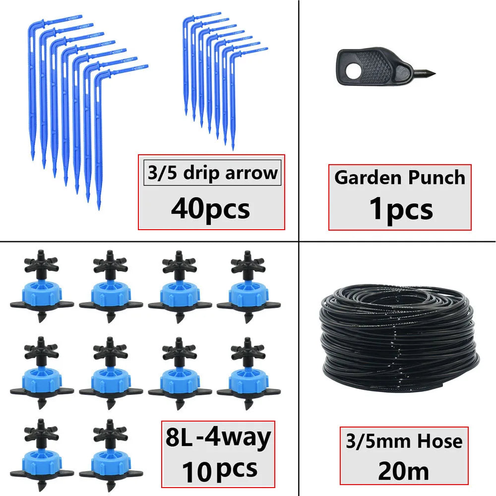 Greenhouse Potted Curved Arrow Dropper Micro Drip System 2L4L8L Pressure Compensation Dripper 3/5mm 2/4-way Irrigation Kit