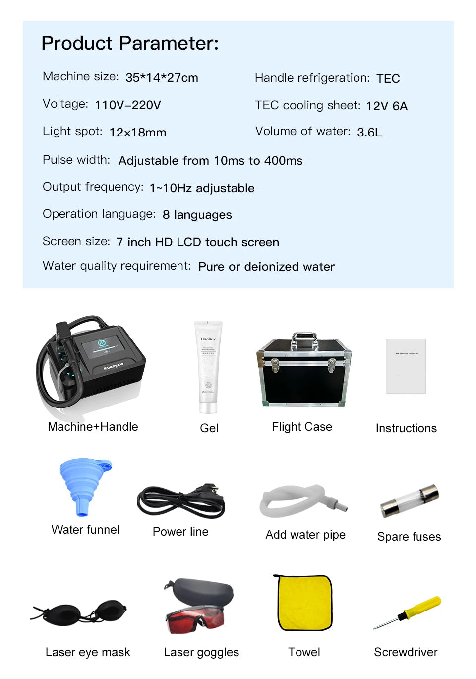 808nm laser hair removal device set with touch screen unit, applicator, protective goggles, case, and accessories.