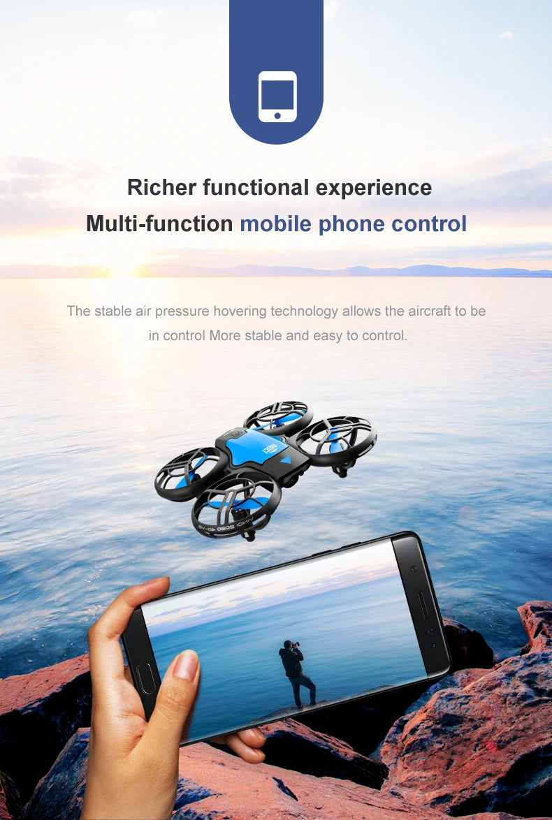 Blue and black mini quadcopter drone with propeller guards, controlled by a smartphone app for stable aerial hovering.