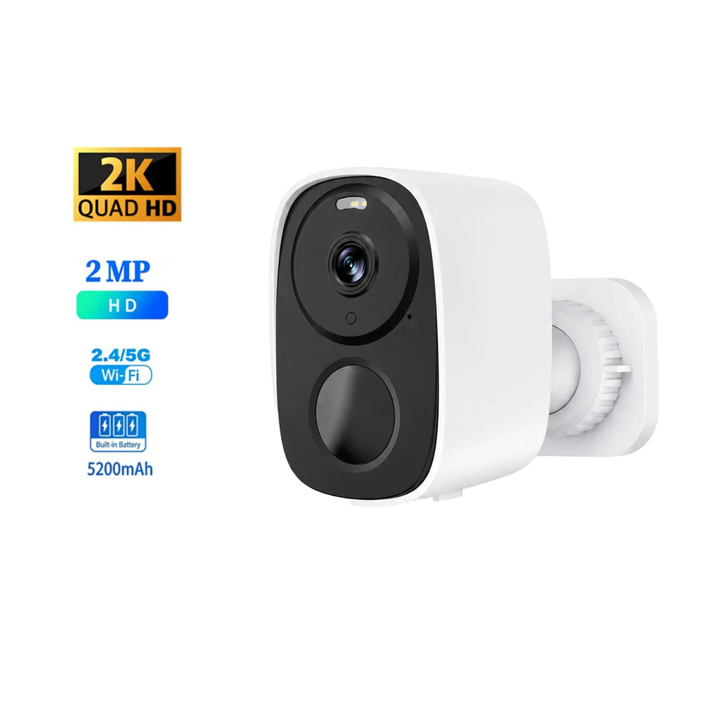 Wireless security camera with white body and black lens, 2K 2MP HD icons