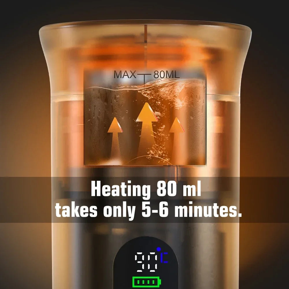 Portable electric coffee maker with 80ml capacity, clear amber tank, digital temp display, and fast heating element.