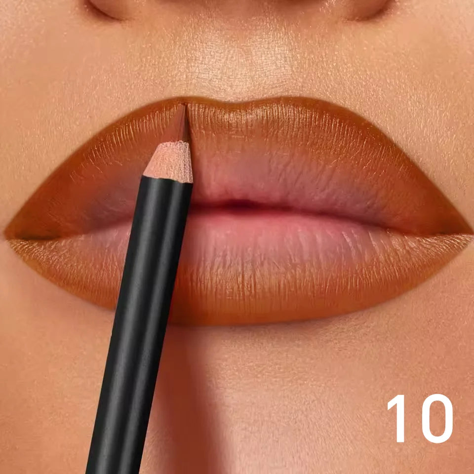 Waterproof matte lip liner pencil in a warm brown shade being applied for a long-lasting, non-transfer lip definition.