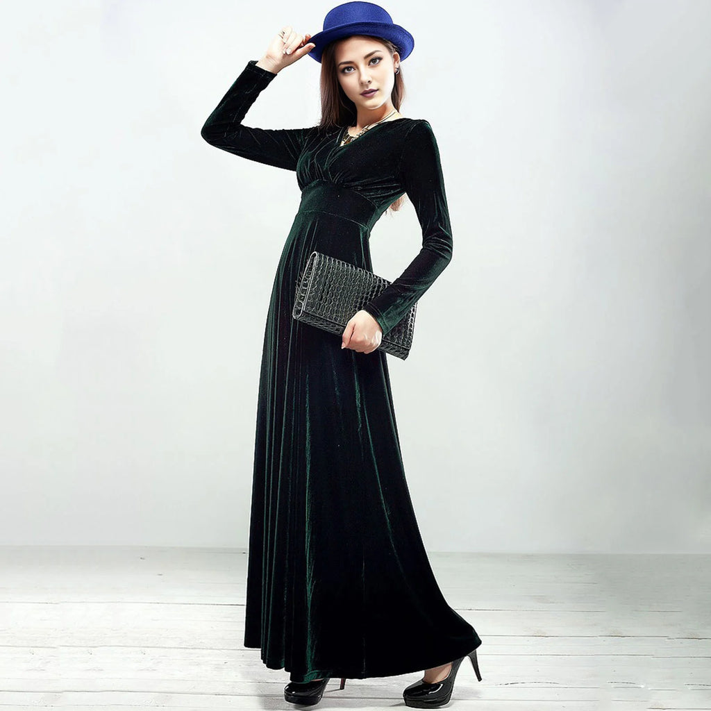 Vintage Women Autumn Long Sleeve V Neck Pleated Velvet Banquet Party Maxi Dress Party Wedding Elegant Evening dress 