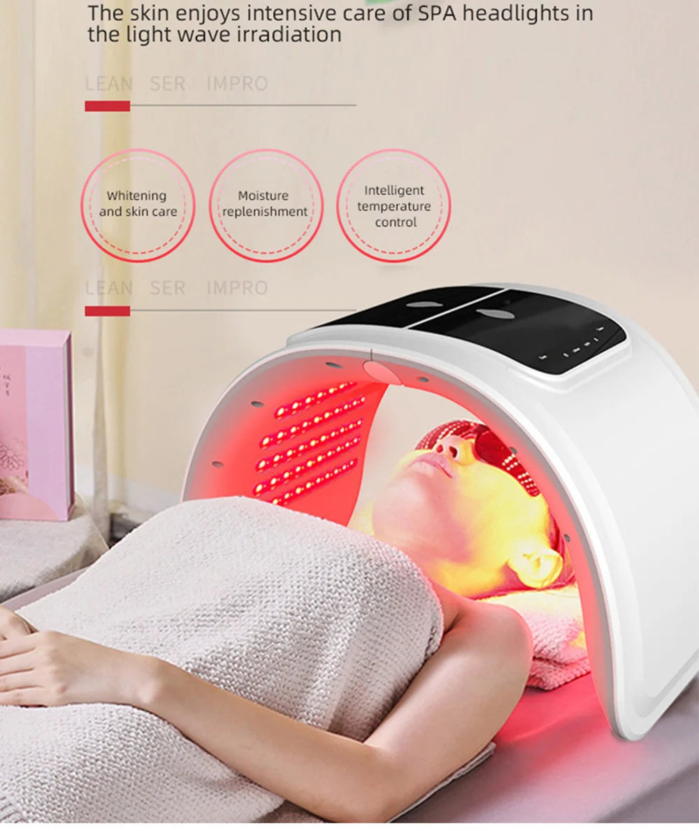 White LED PDT facial light therapy device arched over a person receiving treatment with red light.