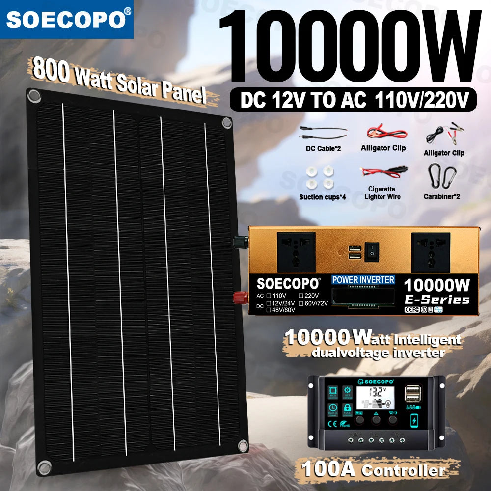 SOECOPO 10000W Solar Power Full Kit DC 12V - AC 110V 220V Inverter 100A Controller 2*600W Panels for Home System Camping