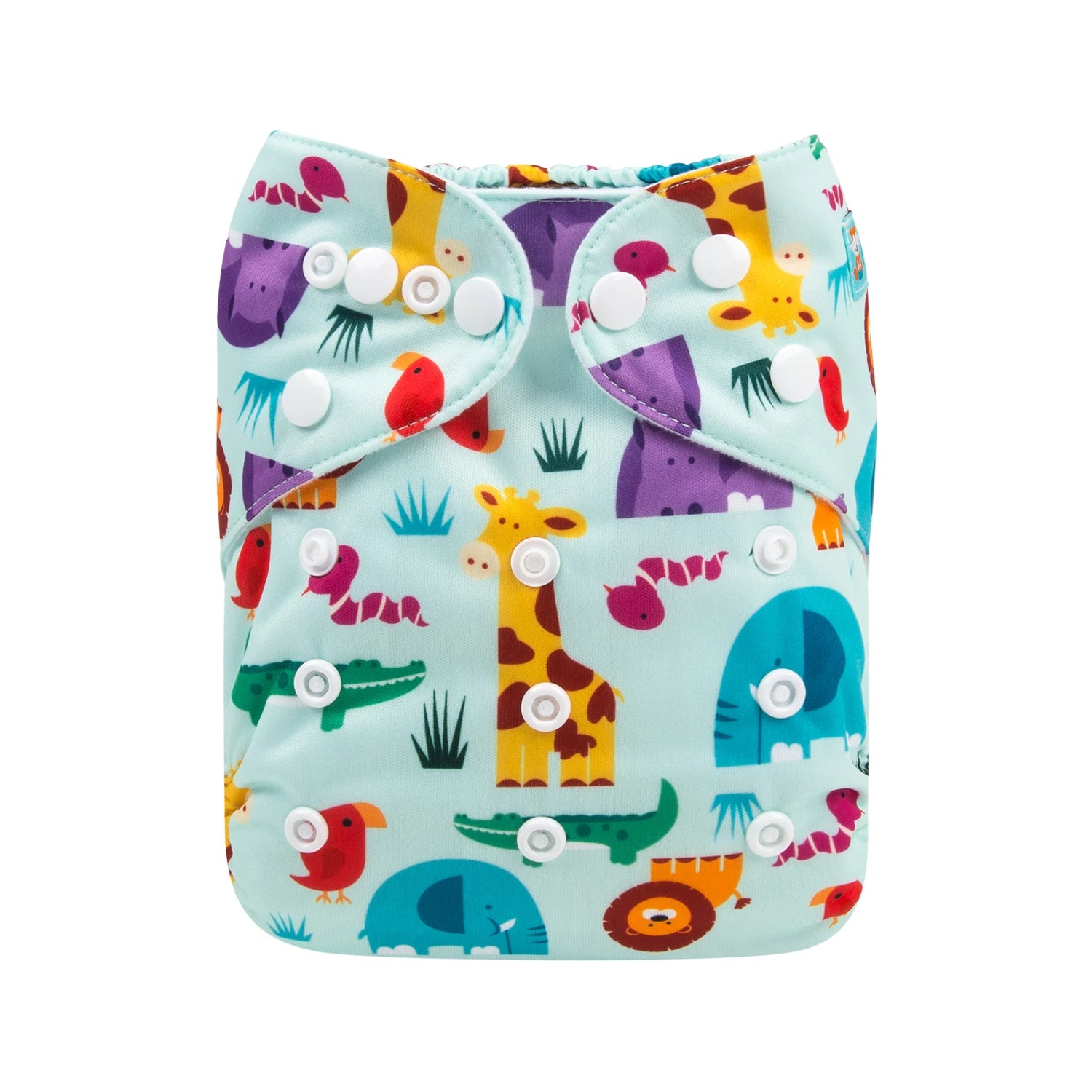 Reusable cloth baby diaper with adjustable snaps and colorful safari animal print on light blue background.