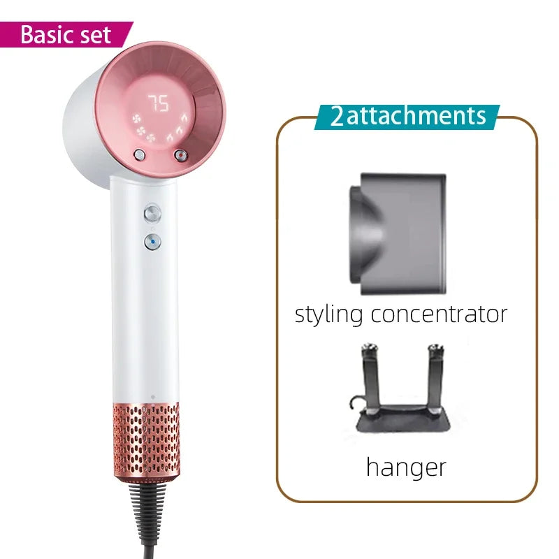 Pink and white high-speed ionic hair dryer with LED temp display, styling concentrator, and hanger attachment.