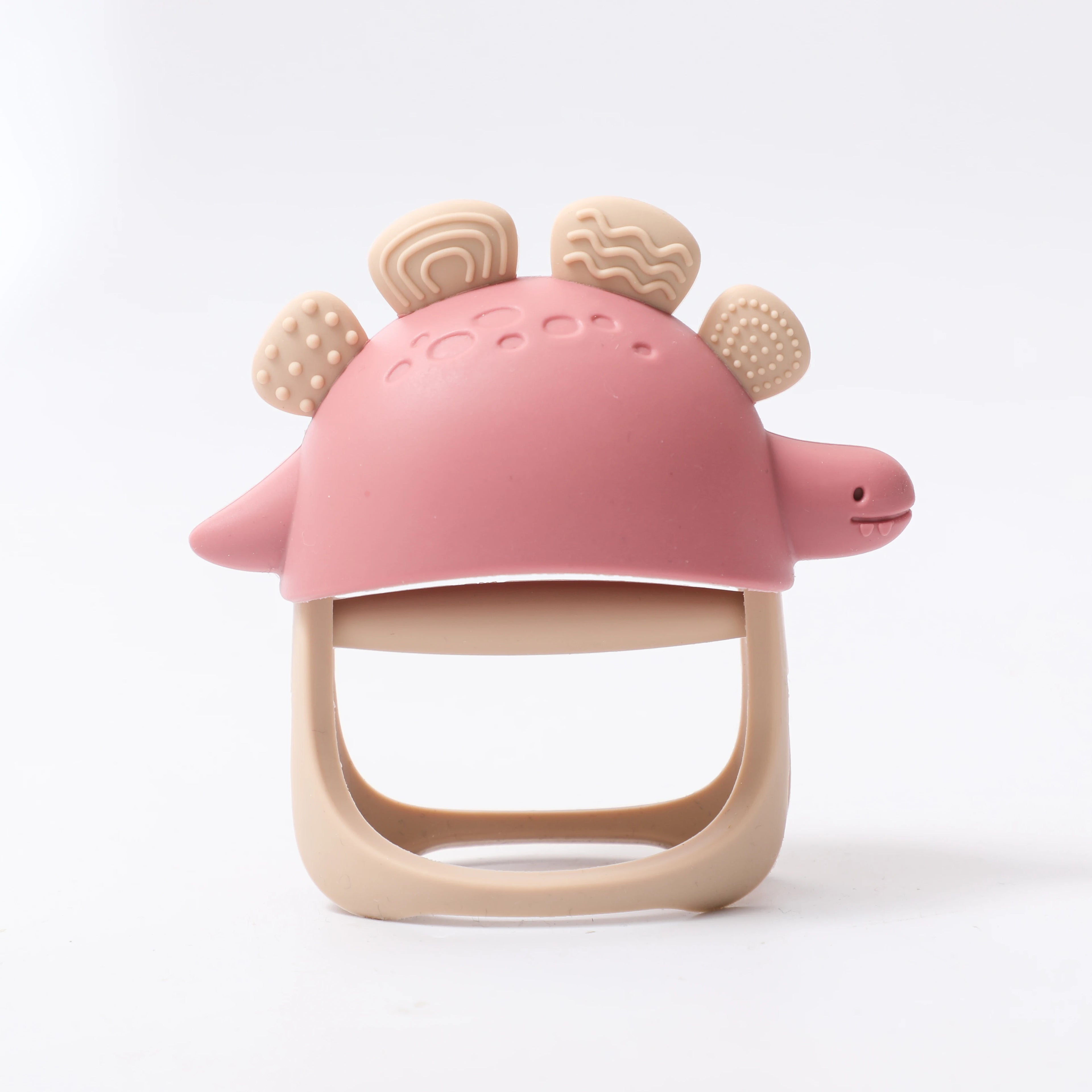 Pink dinosaur silicone teething toy for baby pain relief.
