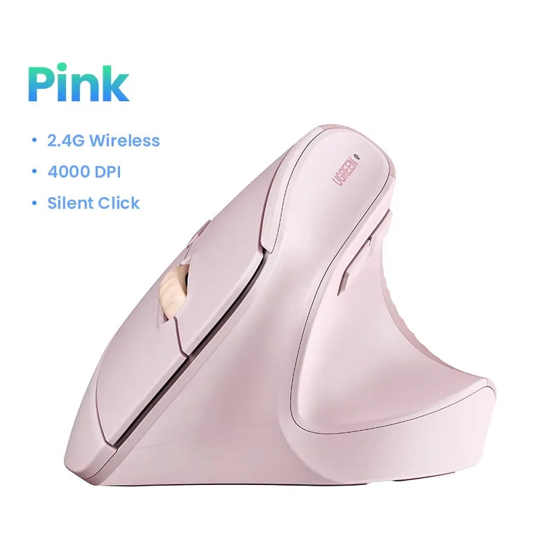 UGREEN Vertical Wireless Mouse 2.4G Ergonomic 4000DPI 6 Mute Buttons for MacBook Tablet Laptops Computer PC Mice Black Pink