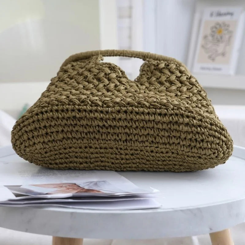 Women's Brand Fashion Clip Handbag, Bohemian Style Large Capacity Travel Woven Bag Popular Elegant Raffia Handmade Crossbody Bag
