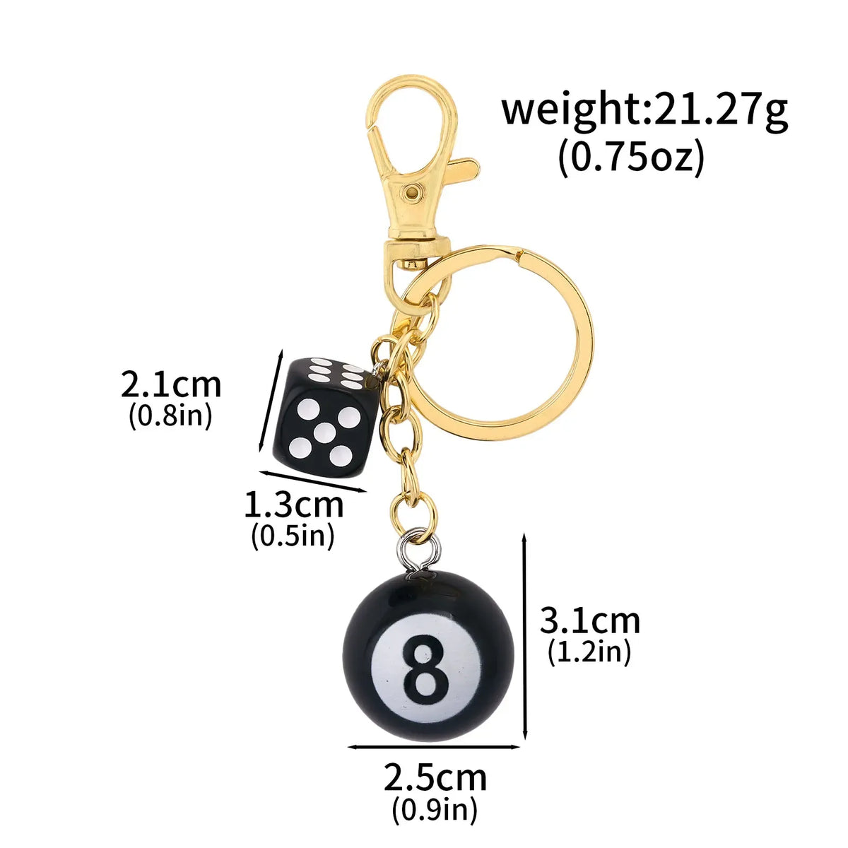 Gold-tone keychain with black 8-ball charm, dice and starburst pendant, keyring