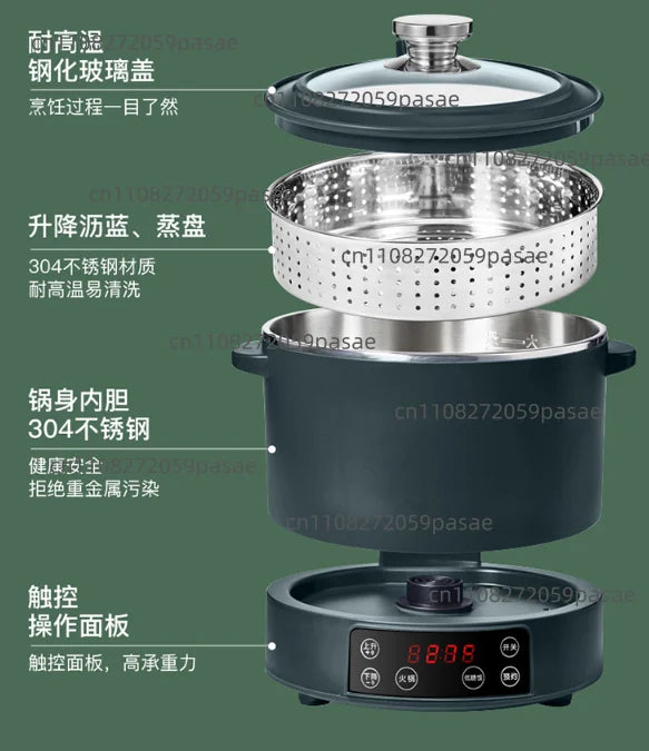 Electric rice cooker with stainless inner pot, dark base, and vented steamer basket