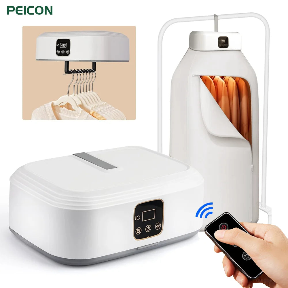 Tidesmit portable electric clothes dryer with remote control and folding rack for travel laundry drying.