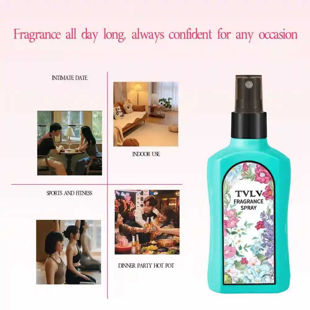 TVLV alcohol-free fragrance spray for men and women, teal bottle, floral label, fresh scent for parties and fitness.