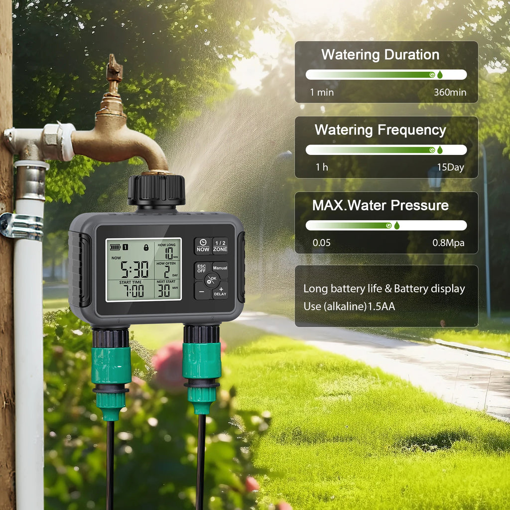 Dual-zone LCD watering timer with mist spray nozzle connected to a garden hose
