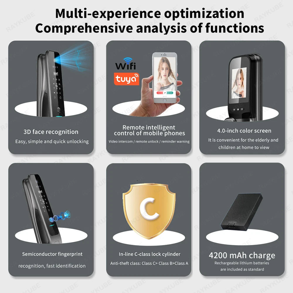 New RAYKUBE X50 Tuya WiFi 3D Face Recognition Digital Fingerprint Door Lock With WiFi Camera Remote APP Video Call 10-language