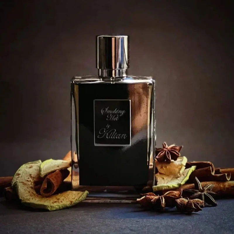 By Kilian Smokes Hot 50ml unisex EDP: woody, spicy, oriental niche perfume in a sleek, elegant rectangular glass bottle.