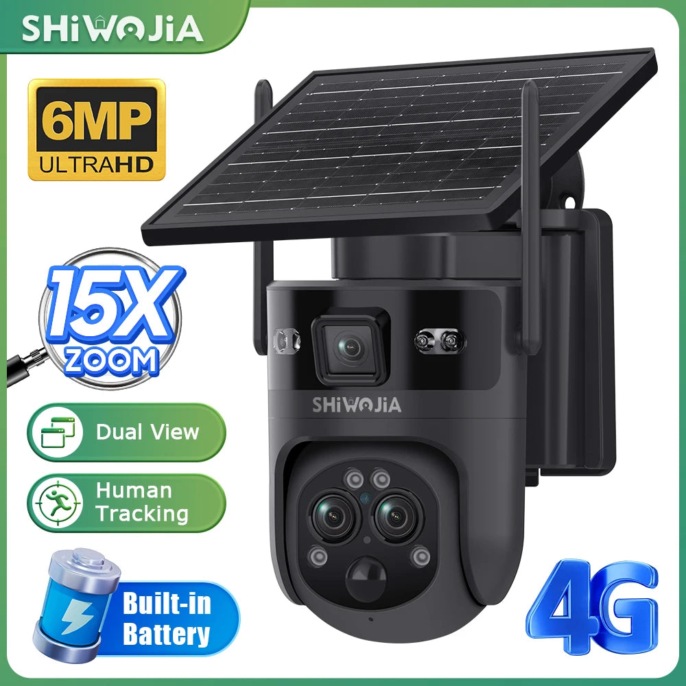 SHIWOJIA 15X 6M PSolar Camera 4G SIM/WIFI Three Lens Recording AI Human/Pet/Vehicle Auto Tracking Camera IP65 Waterproof
