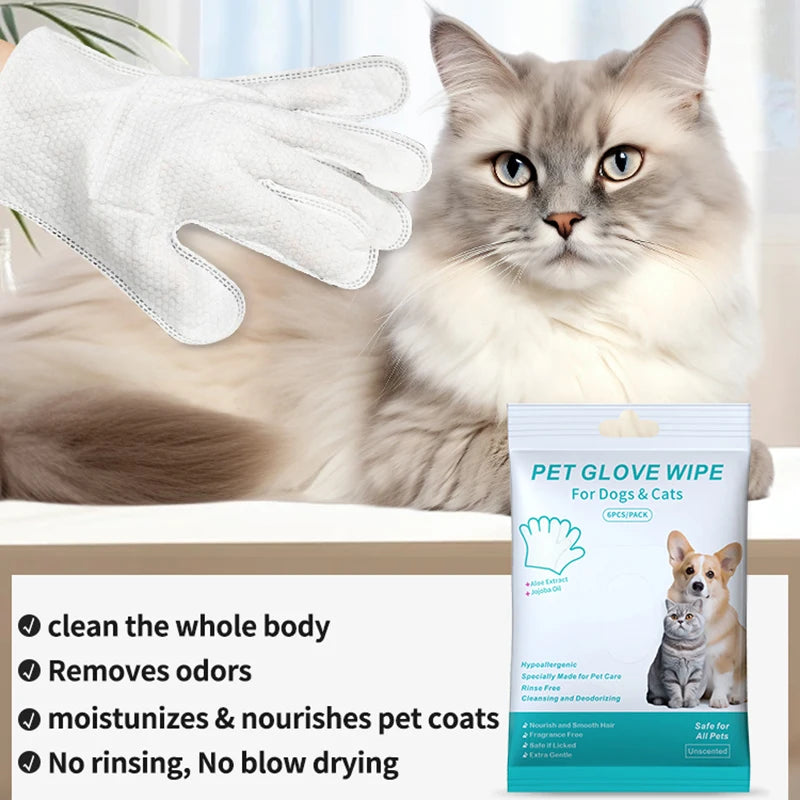 White disposable wash-free pet cleaning gloves for dogs and cats. Gentle, rinse-free wipes to deodorize and nourish fur.