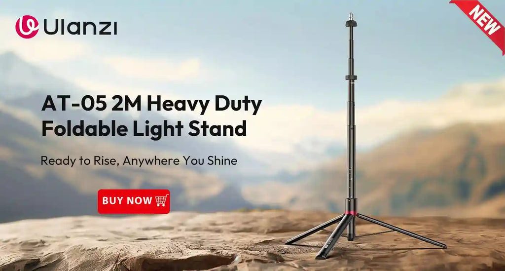 AT-05 2M black metal foldable tripod light stand with a telescoping pole, used for mounting photography lighting.
