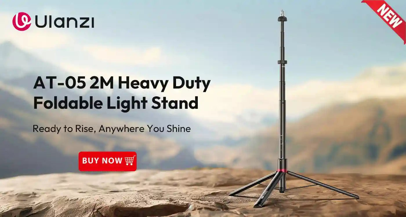 AT-05 2M black metal foldable tripod light stand with a telescoping pole, used for mounting photography lighting.