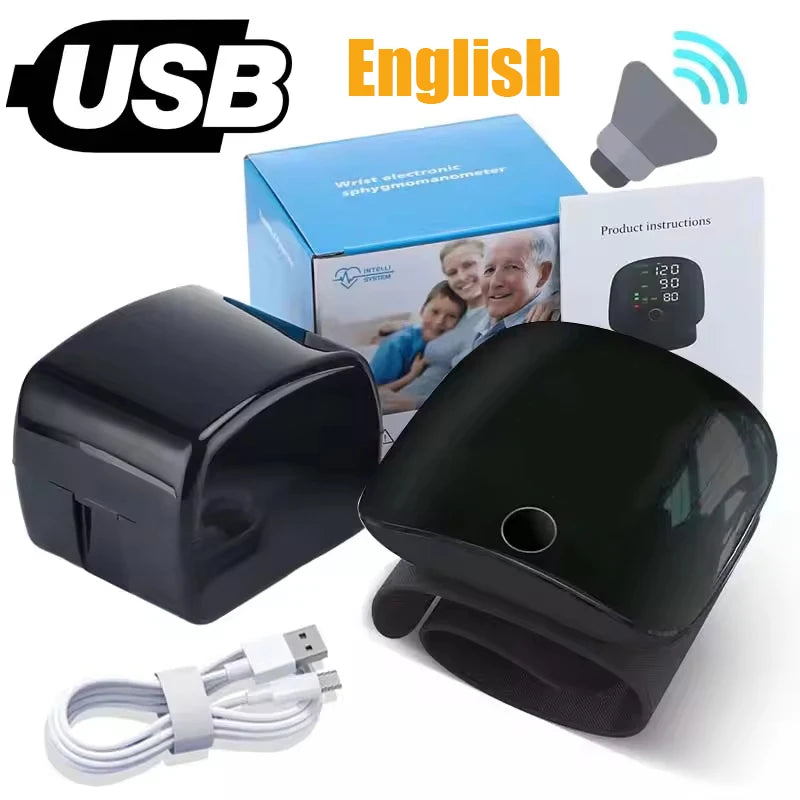 Rechargeable Wrist Blood Pressure Monitor Medical English Russian Voice Digital Tensiometro Health Sphygmomanometer Tonometer