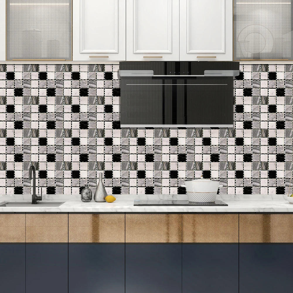 10pcs Flat Mosaic Style Tiles Sticker Kitchen Bathroom Waterproof & Oilproof Art Wall Sticker Peel & Stick Surface Glossy Film