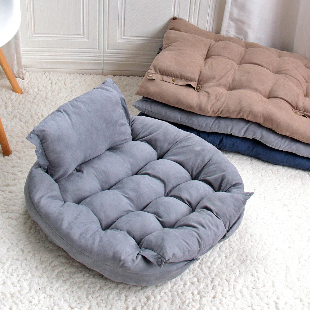 Soft gray dog and cat sofa bed with plush cushioned interior for cozy, warm winter sleeping comfort for pets.