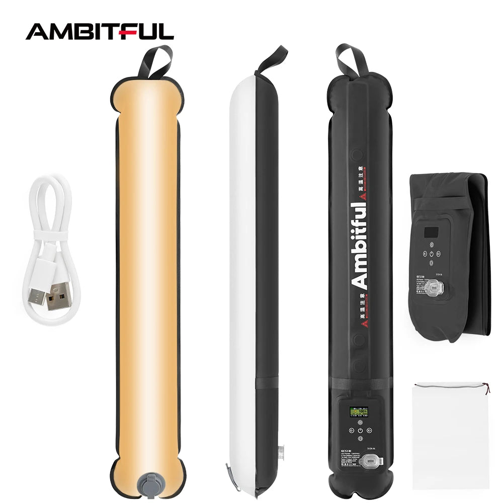 Inflatable LED light stick for photography with USB cable, control panel, and carry bag. Slim, portable, long design.
