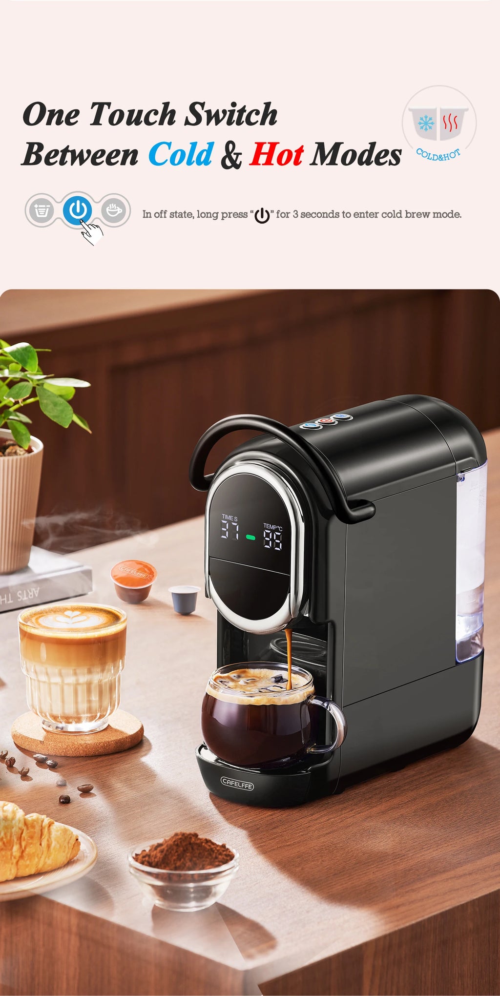Cafelyffe black capsule coffee maker with digital display, cold and hot brew modes, on a kitchen table.
