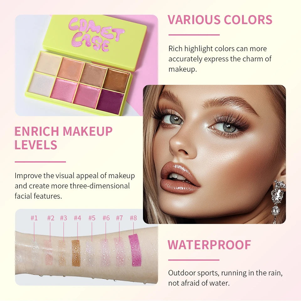 Tidesmit 8 color cream highlighter palette swatch showing waterproof shimmer makeup texture for face brightening